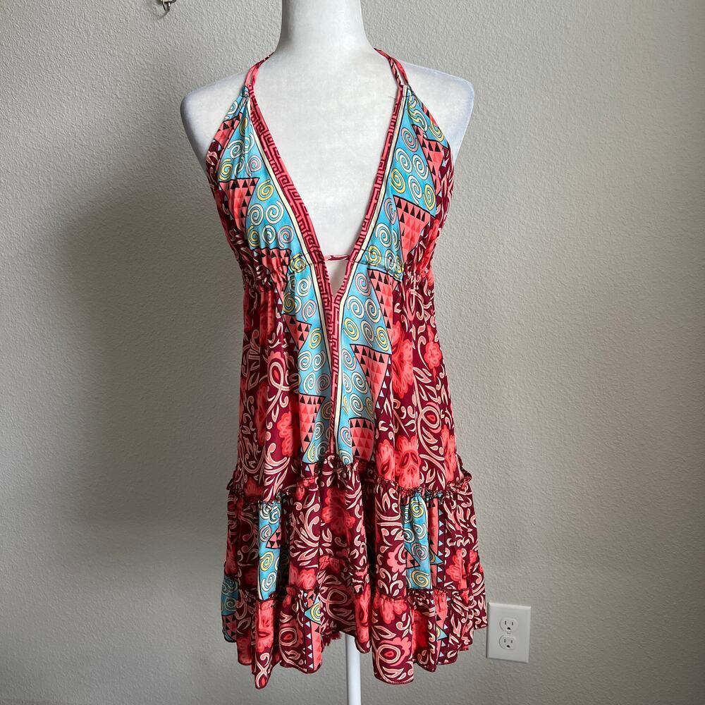 BIE Resort Collection Red Boho Silky Halter Mini Dress Women's M Beach Honeymoon
